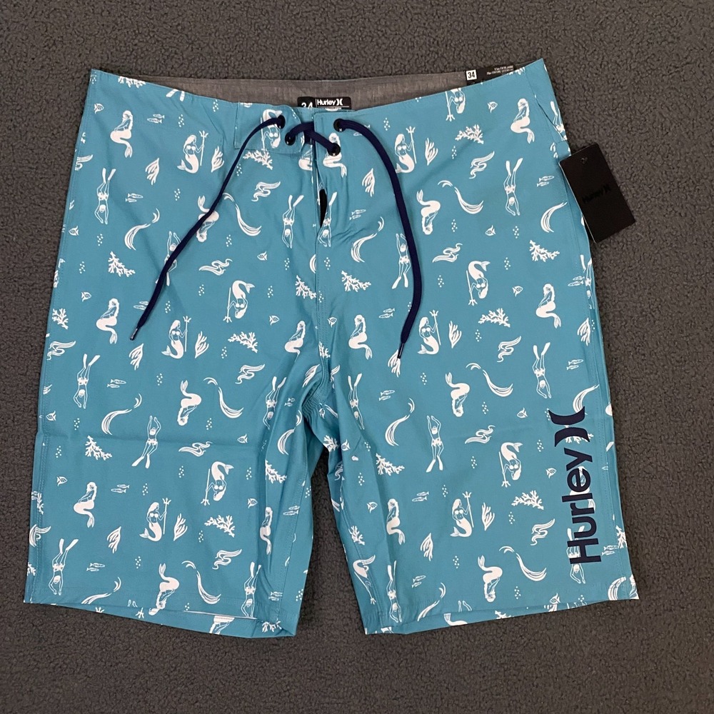 Hurley Deep Sea AOP Swim Board Short Mens 34 Blue Seadoo 9.5" Mermaid Trunks NWT